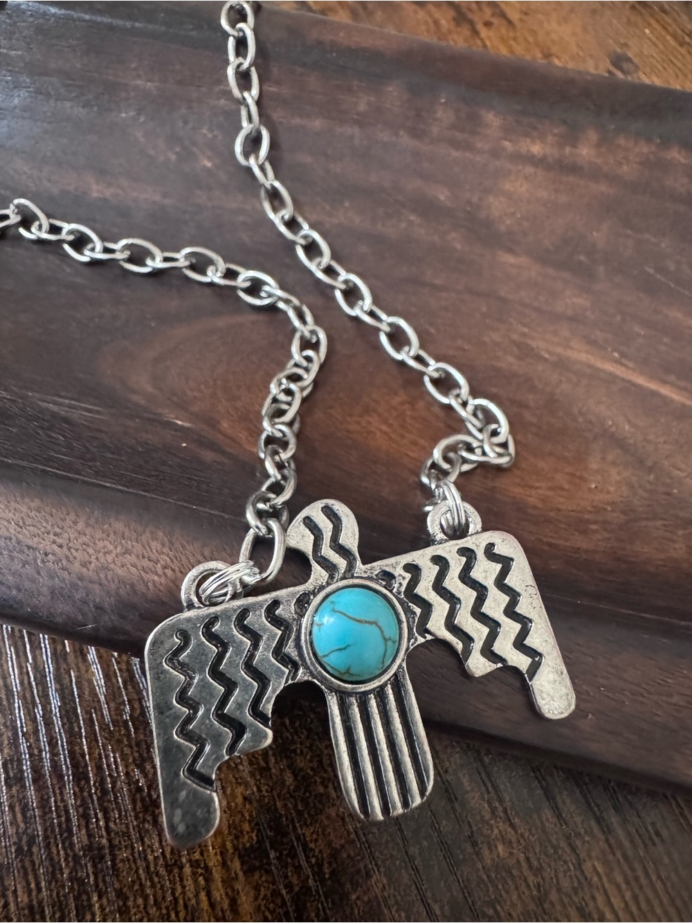 Turquoise Stone Thunderbird Pendant Necklace — Silver Tone